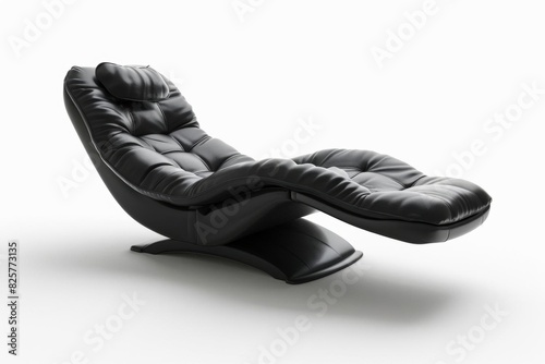 3D rendering of a black leather lounger chair with adjustable headrest on a white background. The lounger is modern and stylish, perfect for relaxing in.