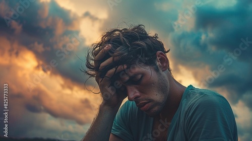 Close up, stressed man clutching his hair, cloudy sky backdrop, capturing raw emotions of frustration and despair