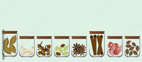 Herbs, spices and condiments in glass jars, side view in vintage style isolated on white background, vector illustration. 