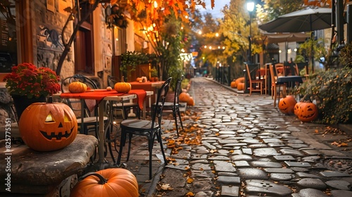 Cozy street cafe decorated with pumpkins for Halloween in autumn evening. Festive outdoor setting with cobblestone pathway, tables, chairs, and fall foliage creating a spooky, seasonal atmosphere