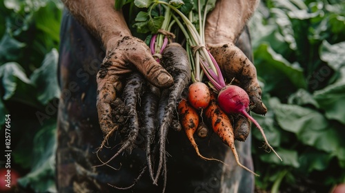 Close-up of hands holding a variety of freshly harvested vegetables, including carrots, radishes, and beets, with soil still clinging to them