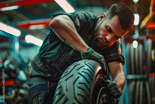 Mechanic changing motorcycle tire using specialized equipment in workshop