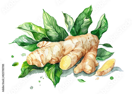 Ginger root with leaves neat watercolor illustration isolated on white