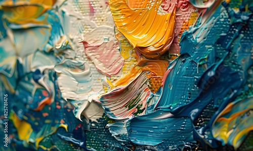 close-up image of a painting, featuring loose and gestural brushwork , with oil brushstroke, pallet knife paint on canvas