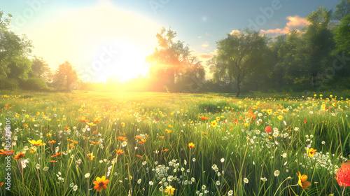 Sunlit Meadow: A Lively Scene of Wildflowers and Golden Rays Invoking Joy and Tranquility