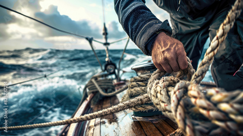 Fisherman Handling Rope on Sailboat's Weathered Deck