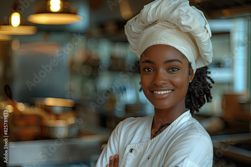 portrait of a beautiful African American female chef in a white uniform and toque Created with Ai
