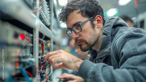 A man is busy working on a server in a room filled with server racks and technical equipment