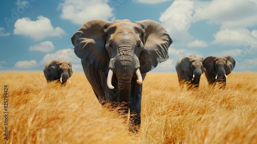 Wildlife safari with a herd of elephants, golden savannah grasses, clear blue sky, majestic and natural scene, highresolution wildlife photography, Close up