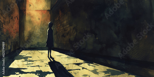 Eerie Silhouette of Child in Mysterious Dark Alley with Dramatic Lighting