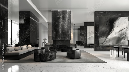 A sleek living room with a monochromatic design featuring black and white furniture a dramatic black marble fireplace and large abstract paintings in grayscale.