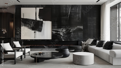 A sleek living room with a monochromatic design featuring black and white furniture a dramatic black marble fireplace and large abstract paintings in grayscale.