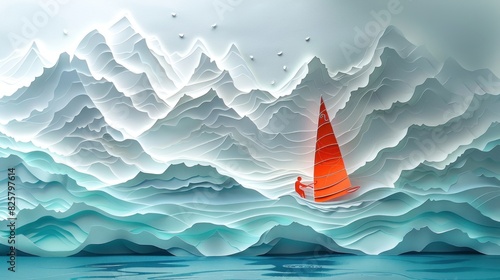Beautiful paper cut art of a windsurfer gliding across a lake