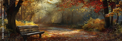 Serene Autumn Pathway: Tranquility Amidst Vibrant Fall Foliage with Sunlit Wooden Bench