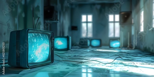 The Dangers of TV Addiction and Fake News: A Dark Room Filled with Retro TVs. Concept Fake News, TV Addiction, Dark Room, Retro TVs, Dangers