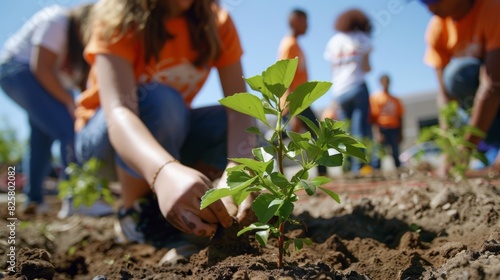 A group of students from a nearby school are seen planting trees around a construction site helping to beautify the area.