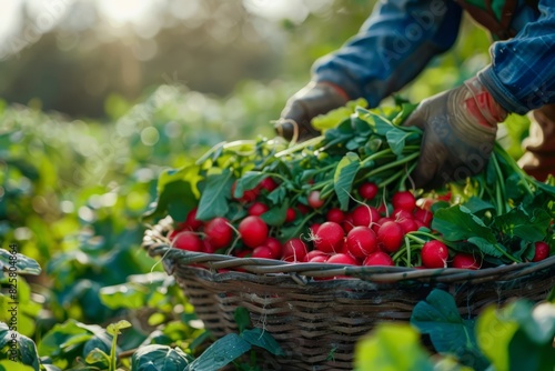 Farmer's hands holding a basket filled with radishes on a blurred green background. The concept of growing vegetables, developing agricultural business. 