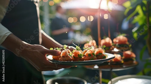 Waiter carrying appetizers on a plate on some festive event, party or wedding reception. catering service, digital ai