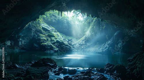 This image shows a cave entrance covered in vines with bright sunlight shining in from outside.