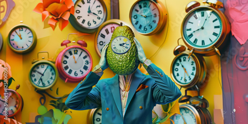 Surreal Man with Avocado Head Amidst Vintage Clocks in Vivid Colorful Fantasy Setting