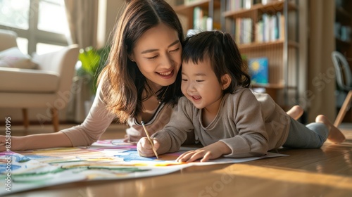 Mother and daughter lie on the warm floor in the living room, drawing.