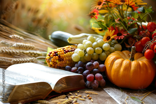 Abundant crops, praying Christian, Bible, and Thanksgiving decoration