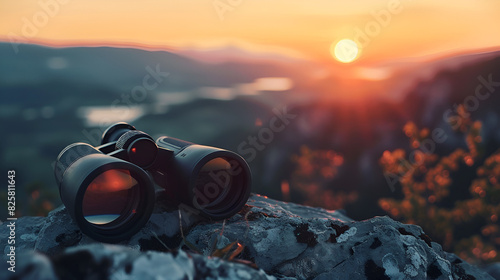 Binoculars on top of Rock Mountain at sunset, generative Ai
