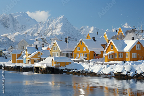 Snow-covered Yellow Houses by a Lake