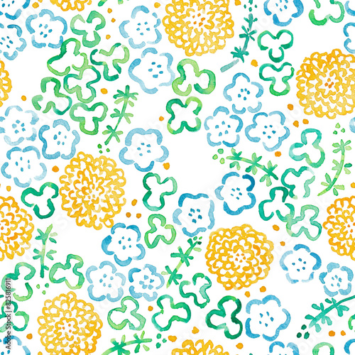 手描き水彩イラスト 春の花の模様 シームレスパターン 