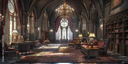 A large room with a chandelier and a fireplace