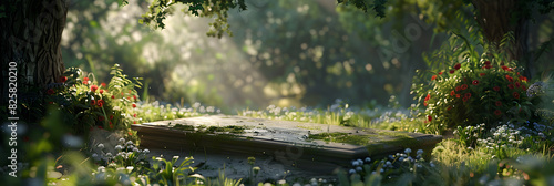 Tranquil Burial Scene with Wooden Coffin in Serene Natural Setting Adorned with Flowers