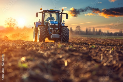 A modern tractor at work, plowing the fields during sunset, creating a dynamic rural scene