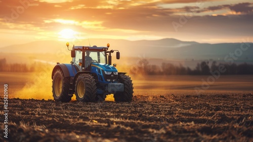 A modern tractor at work, plowing the fields during sunset, creating a dynamic rural scene