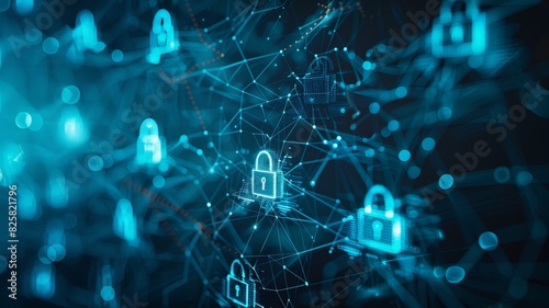Abstract image of cybersecurity network with glowing locks symbolizing data protection and online security in a digital world.