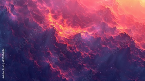  A computer-generated image displays a pink and blue sky filled with clouds and stars In the foreground, there's a red and blue sky with scattered white stars