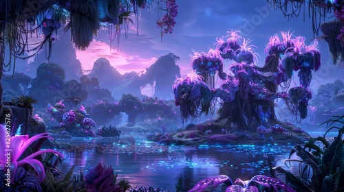 A fantasy landscape featuring trees, vegetation, and a central body of water in a swampy region Purple-hued sky above