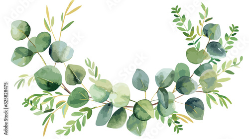 Gold wreath with eucalyptus watercolor leaves. Hand 