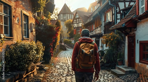 A backpacker wandering through a quaint village