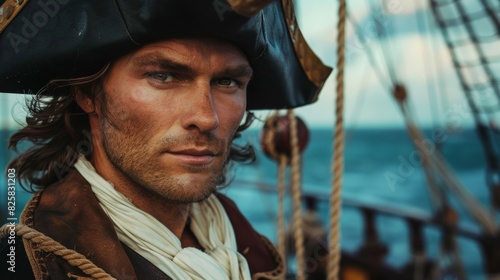 Rugged pirate captain with intense gaze on ship deck