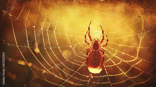  A spider on a wet web, in the heart of its yellow-lit, darkened domain, adorned with water droplets