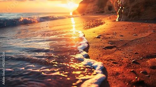 Sunset beach with dramatic cliffs, sun dipping below the horizon, warm glow reflecting on water, peaceful and picturesque scene, highdefinition coastal landscape, Close up