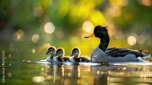 Coot family swimming closely in pond water