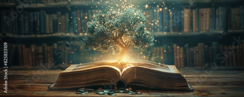 Library scene, old book opening with tree of knowledge, magical light guiding to success, beautiful background,