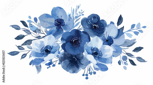Indigo blue watercolor hand painted floral bouquet ro