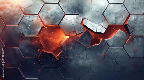 abstract, hexagon shapes in shades of gray, orange, and contrasting red and black Overlaid with white and black hexagons