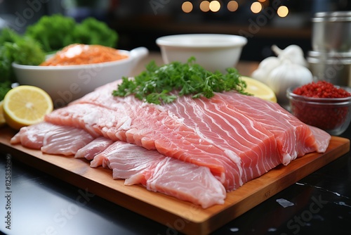Fresh raw pork sashimi with ingredients for cooking on wooden board
