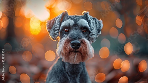  A dog's face in sharp focus, background blurred with lights in the foreground Tree silhouettes indistinct in the distant background