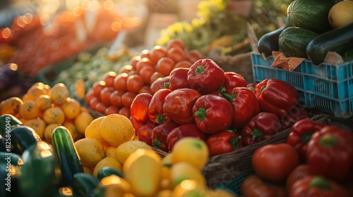 An assortment of vibrant fruits and vegetables displayed at a market stall under warm sunlight, emphasizing freshness and healthy living.