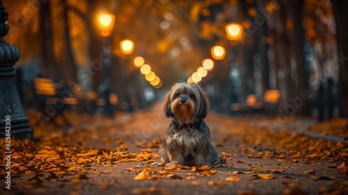  A small dog sits in a leaf-strewn street, with a lamp post towering behind and row after row of street lamps flanking both sides of the road