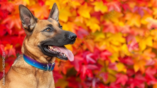  A brown dog with a blue collar stands before a wall adorned with red and yellow leaves Its tongue hangs out